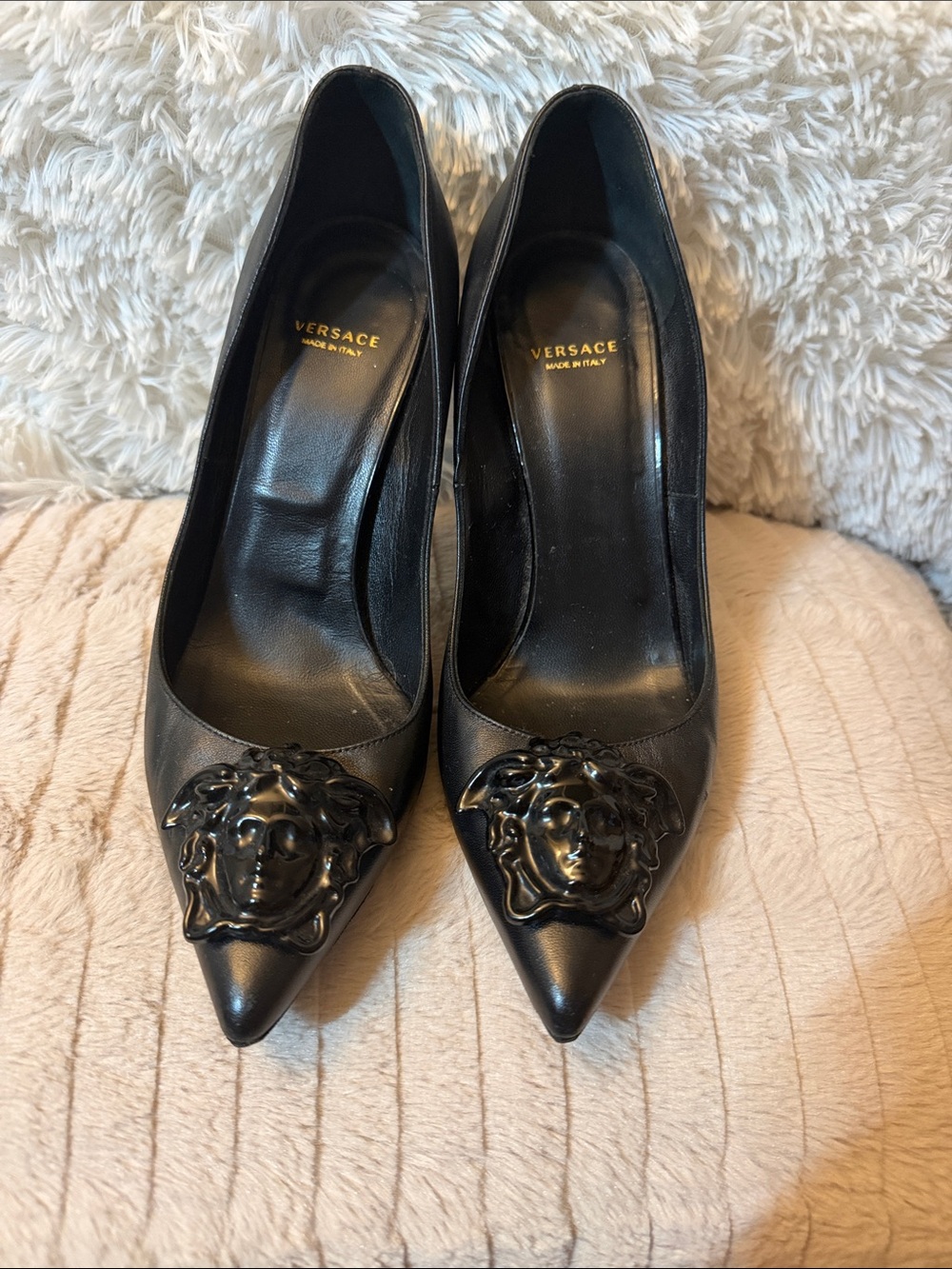 Versace Black Medusa Leather Pointed-Toe Pumps